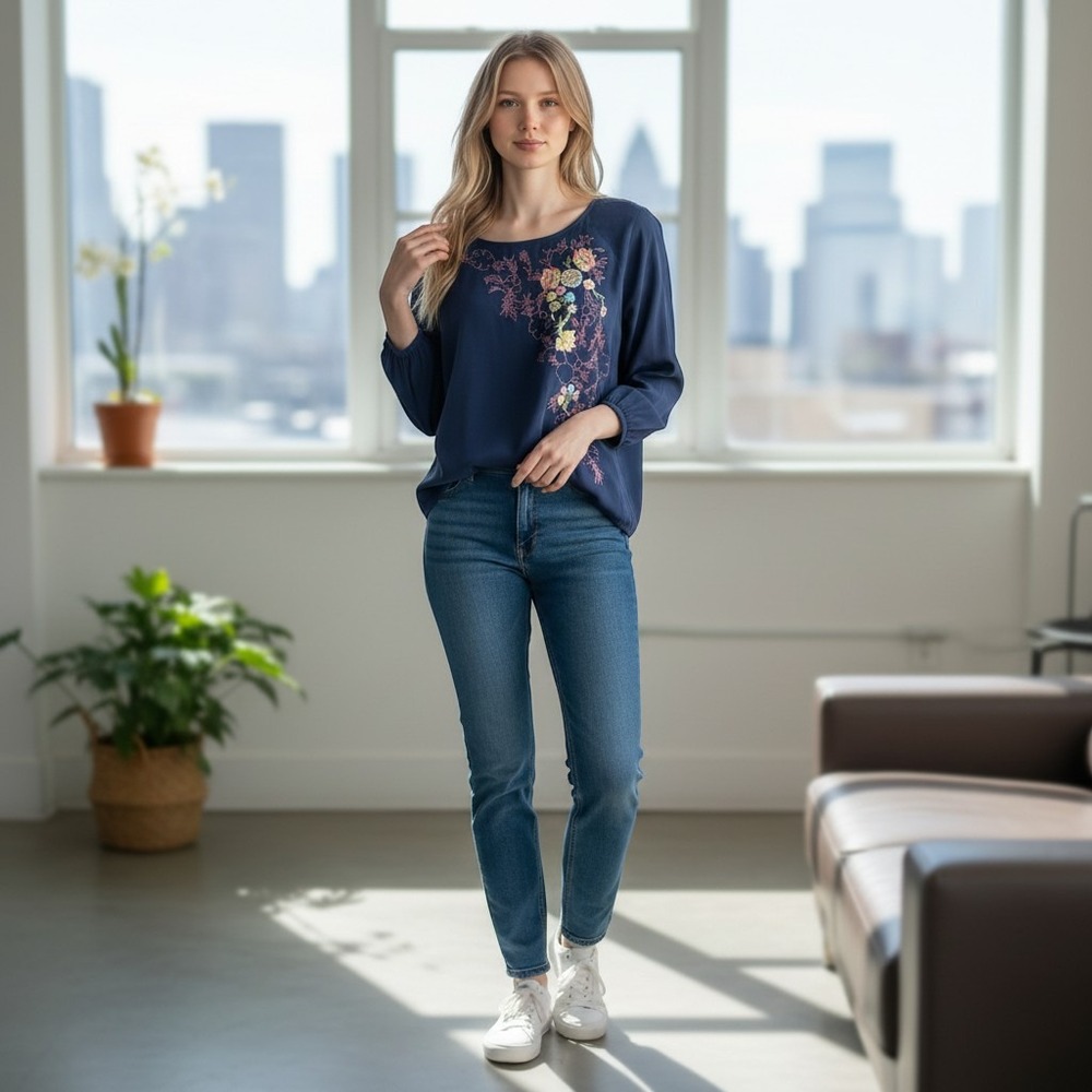J. Jill Blouse Womens M Petite Navy Blue Good Embroidered Floral Long Sleeve Top